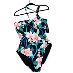 La Blanca One Piece Swimsuit Womens 14 Black Floral Tummy Control Strappy Tank